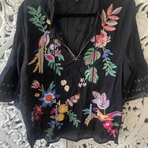 Johnny Was Black Floral Embroidered Cotton Blouse